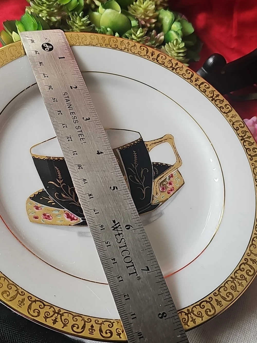 Decorative Dinner Plate with Black & Gold Teacup Motif